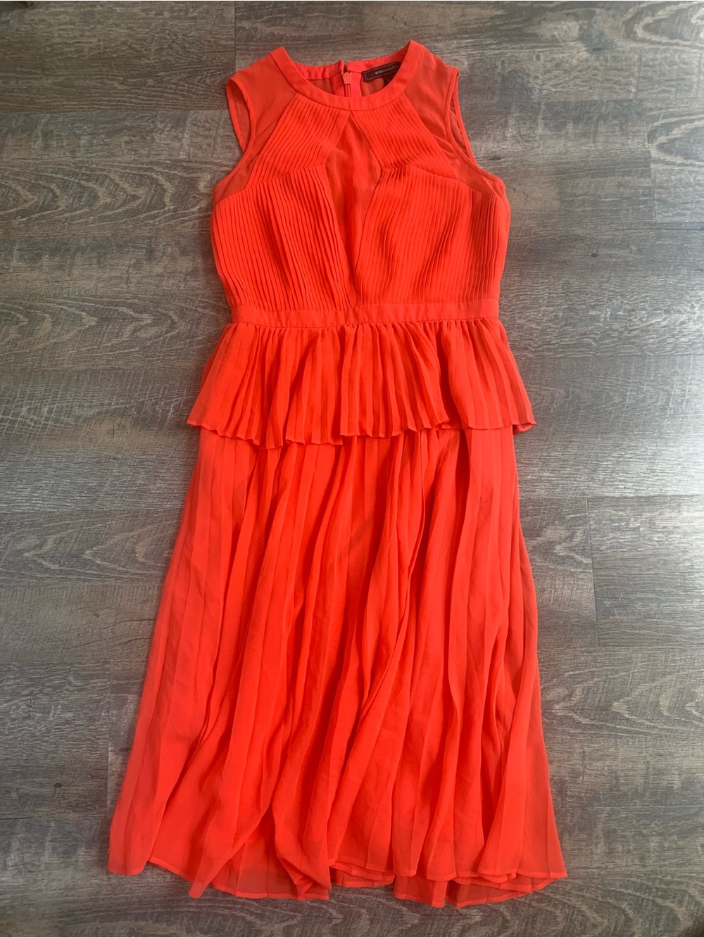 BCBGMaxazria Wedding Guest Sleeveless Firey Orange  Pleated Sheer Peplum Midi